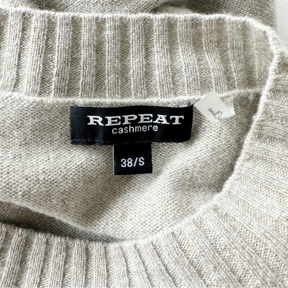 Repeat Cashmere Sweater Diagonal Fringed Hem Size 38 Small Pepper Beige - Picture 7 of 11